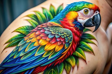 Obraz premium Vibrant Parrot Bird Tattoo Design with Colorful Feathers and Intricate Details on Skin Canvas