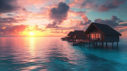 A serene sunset over water bungalows, reflecting vibrant colors on calm waves, creating a tranquil and picturesque tropical scene.