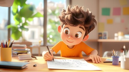 Happy Boy Drawing at a Desk.