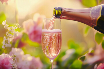 A sparkling rose champagne being poured into a glass with flowers in the background