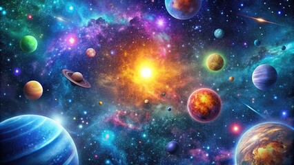 Vibrant Pixel Space Wallpaper Featuring Colorful Stars, Planets, and Cosmic Elements for Backgrounds