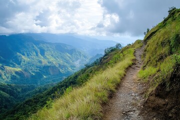 Fototapeta premium A winding mountain path leads to a breathtaking view of rolling hills and a cloudy sky.