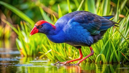 Vibrant Pukeko Bird foraging in lush green wetlands of New Zealand, showcasing its colorful plumage
