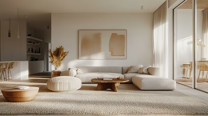 A minimalist living room featuring a cozy sofa, natural decor, and ample sunlight, creating a serene and inviting atmosphere.
