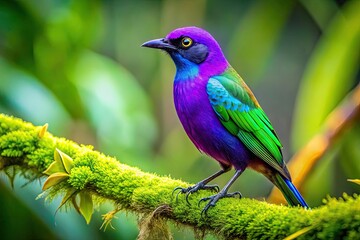 Obraz premium Vibrant Purple and Green Bird Perched on a Branch in a Lush Natural Environment Captured in Detail