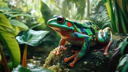 Fototapeta premium A colorful image of a bullfrog in a rainforest environment, with tropical plants and vibrant green hues surrounding the amphibian in its natural habitat.