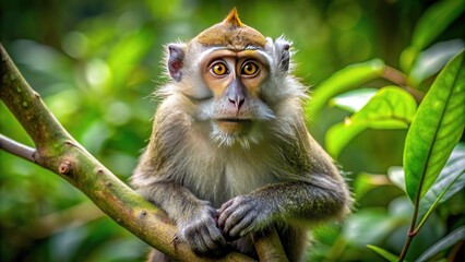 Obraz premium A curious long-tailed macaque monkey with a mischievous gaze perches on a tree branch, showcasing its fluffy fur and impressive tail in a lush jungle environment.