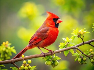 Vibrant Red Cardinal Bird Perched on a Branch Against a Blurred Green Nature Background in Spring