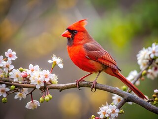 Vibrant Red Cardinal Bird Perched on a Branch Against a Softly Blurred Natural Background in Spring