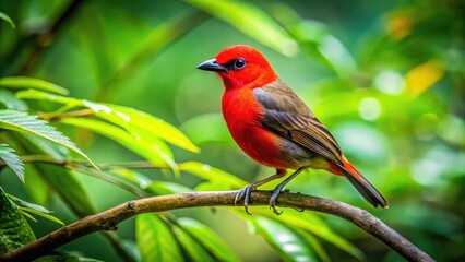 Fototapeta premium Vibrant Red Crowned Bird Perched on a Branch Amidst Lush Green Foliage in Bright Natural Light