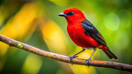 Fototapeta premium Vibrant Red-Headed Bird with Black Body Perched on a Branch in a Natural Outdoor Setting