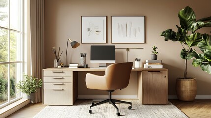 ## Description
A modern, stylish home office featuring a wooden desk, a comfortable chair, decorative plants, and framed art on a neutral wall.