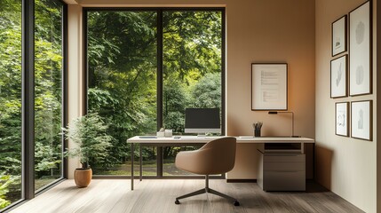 A modern home office featuring a desk, ergonomic chair, potted plant, and large windows displaying lush greenery outside.