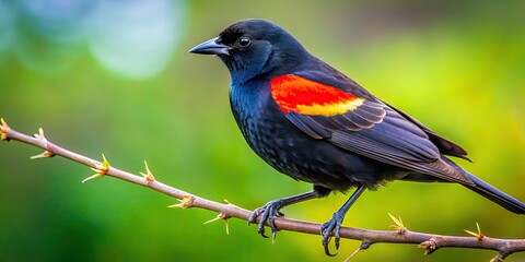 Obraz premium Vibrant Red-Winged Blackbird Perched on a Branch, Showcasing Stunning Feather Colors in Nature