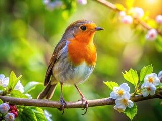 Vibrant Robin Bird Perched on a Branch in a Lush Green Garden During Springtime Sunshine