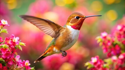 Fototapeta premium Vibrant Rufous Hummingbird in Flight Captured Among Colorful Blooms in Natural Habitat