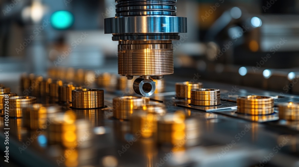 Poster precision machinery assembling metallic components in a factory.