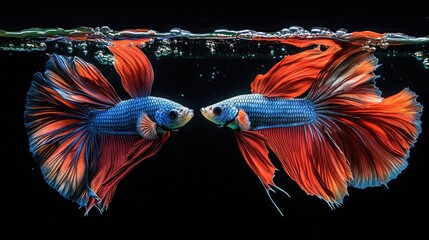 A dynamic shot of two male Betta fish engaging in combat, their fins flaring and creating a burst of color in the clear water.