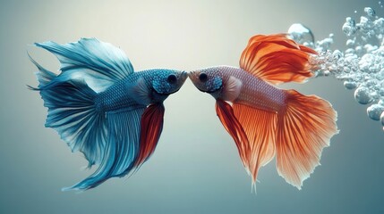 Obraz premium A dynamic shot of two male Betta fish engaging in combat, their fins flaring and creating a burst of color in the clear water.