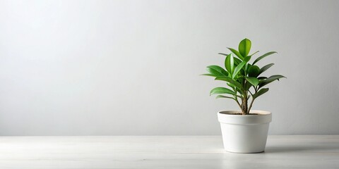 Fototapeta premium A small potted plant with lush green leaves sits on a minimalist white flat table against a clean and simple light-gray background.