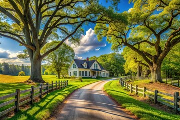 Obraz premium A serene rural neighborhood scene featuring a winding country road lined with lush greenery, old oak trees, and traditional farmhouses under a blue sky.