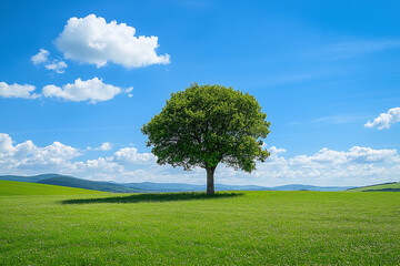 Obraz premium Solitary Tree in Green Field Under Blue Sky for Peaceful Nature and Scenic Landscape View