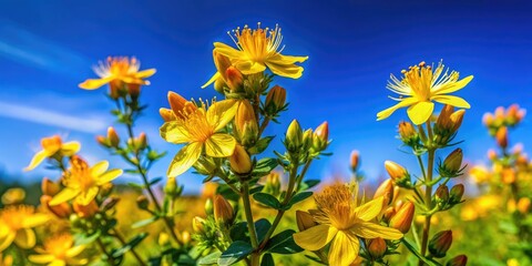 Vibrant St Johns Wort Flowers in Bloom Against a Clear Blue Sky in a Natural Garden Setting