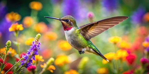 Fototapeta premium Vibrant Texas Hummingbird in Flight Among Colorful Wildflowers and Greenery in Natural Habitat