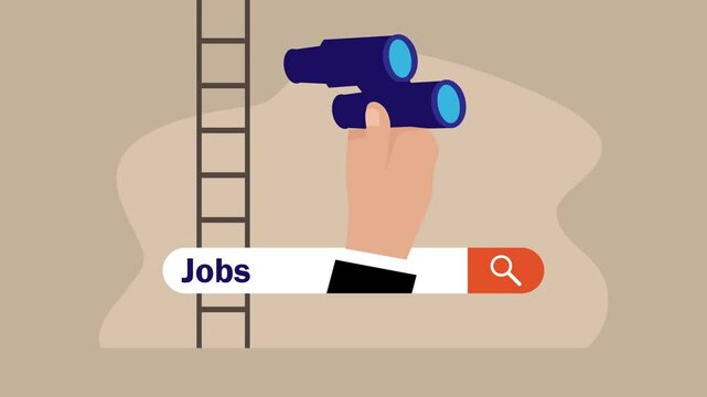 Job search bar with binoculars. Looking for new job, employment, seek for vacancy or work position cartoon animation
