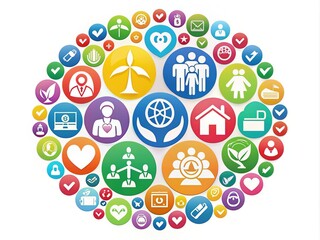 Colorful, stylized icons representing various nonprofit sectors, including education, healthcare, environmental conservation, and social justice, forming a united and harmonious community.