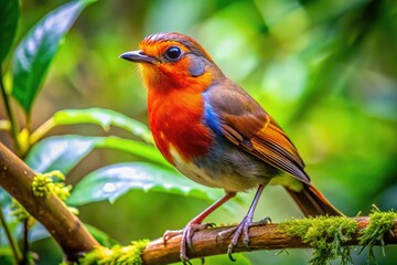 Fototapeta premium Vibrant Troglodytes Bird Perched on a Branch Surrounded by Lush Green Foliage in Natural Habitat