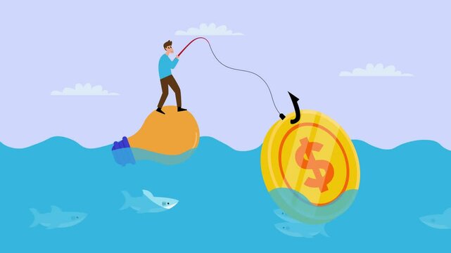 Businessman fishing bitcoin, Make Money from idea cartoon animation