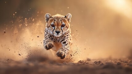 Cheetah running fast in the wild, action shot with dust and golden lighting.