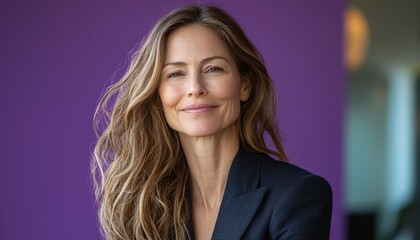 Confident Middle-Aged Businesswoman Smiling in Lavender Background - Medium Shot