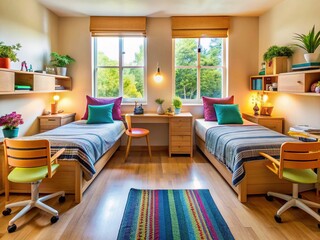Cozy dorm room setup with two twin beds, shared desk, and colorful decorations, capturing the essence of college life and friendship amidst academic pursuits.