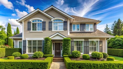 Cozy exterior of a modern suburban home featuring a large windows with white shutters and a verdant green hedge surrounding the facade on a sunny day.
