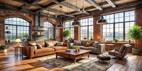 Fototapeta premium Cozy industrial-chic loft features exposed brick walls, wooden beams, and a sleek modern interior design with large windows and a comfortable seating area.