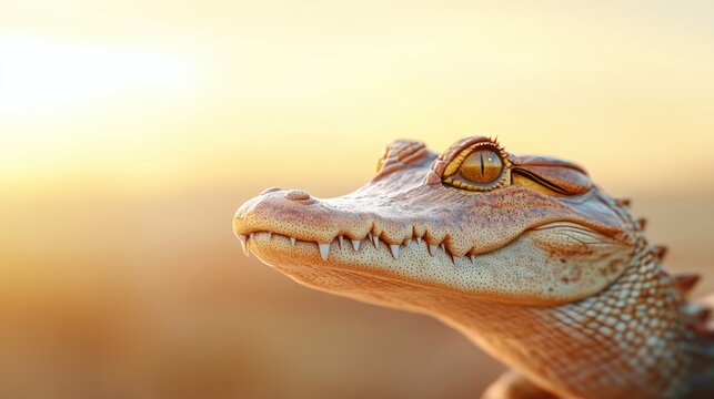 Close-up of a crocodile's head against a serene sunset background.