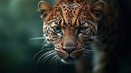 Naklejka premium Close-up of a leopard's face, showcasing its striking features and piercing eyes.