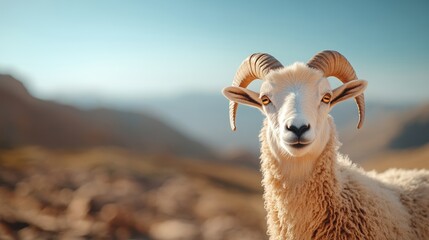 Fototapeta premium Close-up of a sheep with horns against a blurred mountain backdrop.