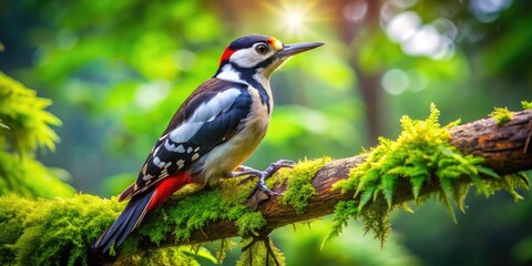 Fototapeta premium Vibrant Woodpecker Perched on a Tree Branch in a Lush Green Forest Capturing Nature's Beauty