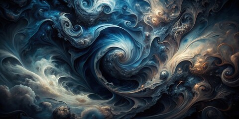 Dark, muted, and mysterious abstract background featuring intricate, swirling textures of black, grey, and dark blue hues, evoking a sense of dramatic, moody atmosphere.