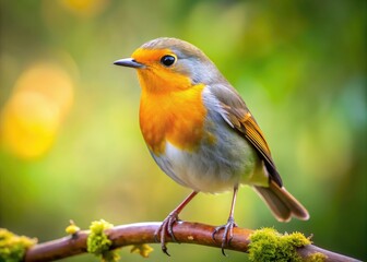 Fototapeta premium Vibrant Yellow Orange Bird Perched on Branch Against a Soft Blurred Natural Background in Nature