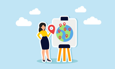 A businesswoman holding a location pin attempts to place it on a board featuring a globe, illustrating targeting strategic locations for her latest project