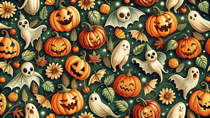 Vintage Halloween Pattern with Pumpkins, Bats, Ghosts, and Spooky Elements for Festive Decor