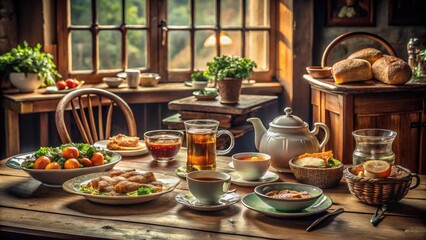 Naklejka premium Vintage Lunch Break Scene with Classic Tableware, Old-fashioned Food, and Cozy Atmosphere