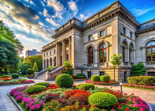 Elegant stone façade of a prestigious museum surrounded by lush greenery and vibrant flowers in a bustling downtown cultural district.