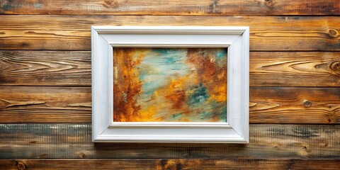 Fototapeta premium Elegant white frame holds a stunning abstract artwork against a rustic wood textured background, perfect for showcasing creative designs and artistic expressions.