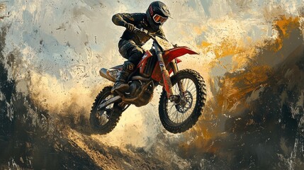 A motocross rider landing after a high jump, the bike's suspension compressing as the tires hit the dirt, creating a dramatic action shot.