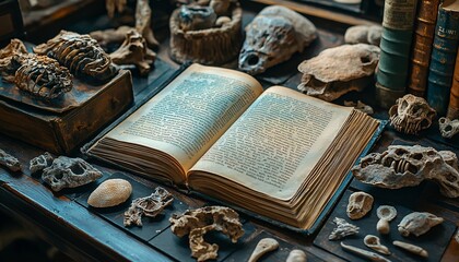 Close-up of Open Book on Evolutionary Biology Surrounded by Fossils and Specimens in Warm Natural Light
